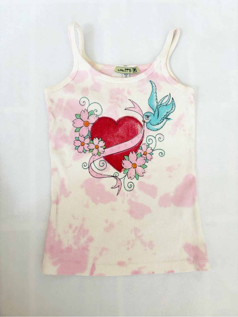 Little Mass girls sz 6 Graphic Heart & Dove Tank Top in Pink Tie-Dye